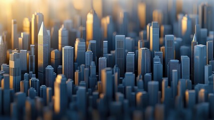 A miniature, abstract cityscape featuring numerous tall buildings in varying shades of blue and gray, illuminated by the warm, soft glow of golden hour sunlight