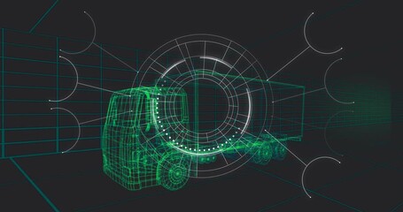 HUD initiating scan, green wireframe truck glowing while rings sweeping clockwise, checking systems - Powered by Adobe