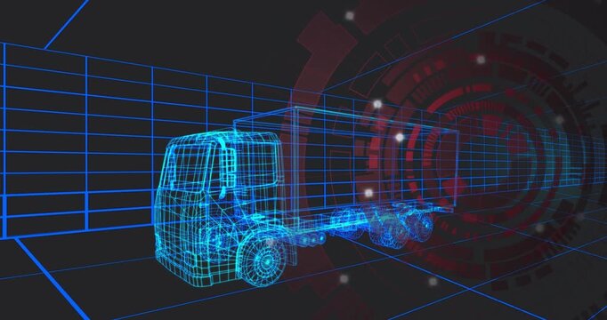 Particles drifting rightward initiating HUD pulsing, wireframe truck moving and showing diagnostics