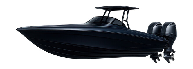 Fast interceptor vessel with dual outboard motors and a sleek design.