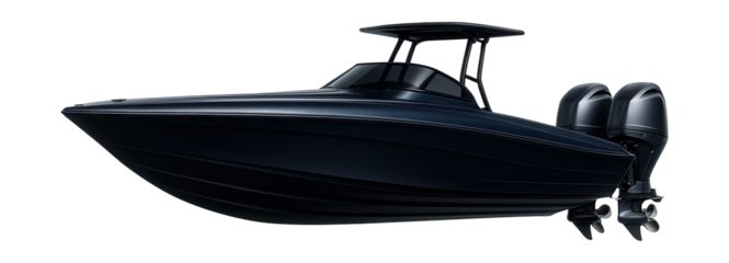 Fast interceptor vessel with dual outboard motors and a sleek design.