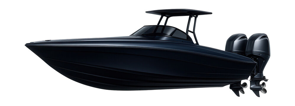 Fast interceptor vessel with dual outboard motors and a sleek design.