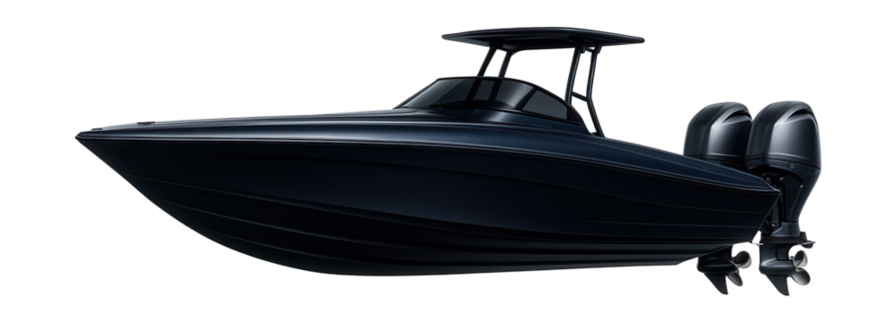 Fast interceptor vessel with dual outboard motors and a sleek design.