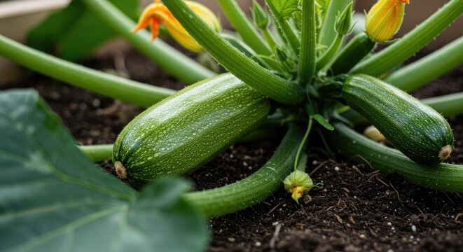 Close-up of a Zucchini Plant with Immature Fruits and Blossoms