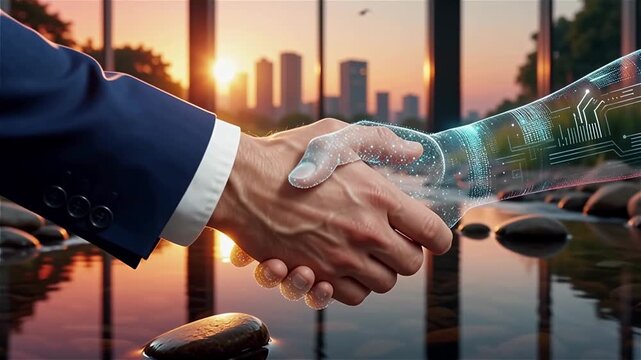 Digital handshake animation symbolizing modern business collaborations in a serene digital