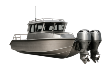 Aluminum patrol boat featuring a distinct bow and twin rear outboard motors.