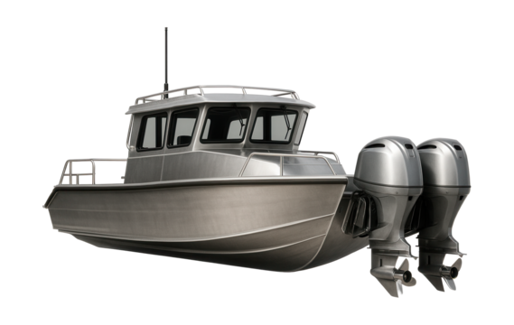 Aluminum patrol boat featuring a distinct bow and twin rear outboard motors.