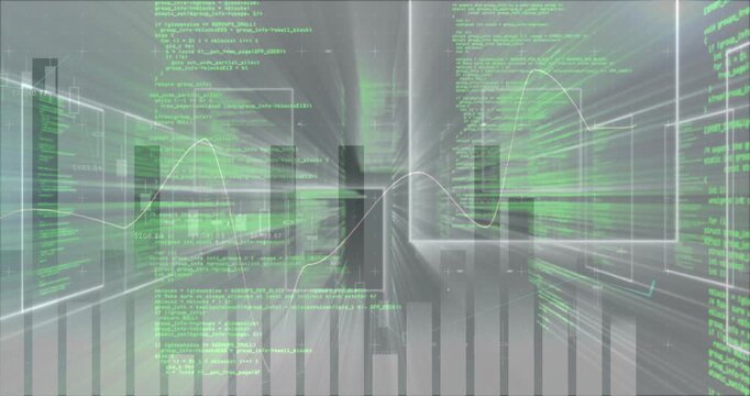 Data corridor spawning from green code pulse, flying forward, bars shifting, visualizing analytics