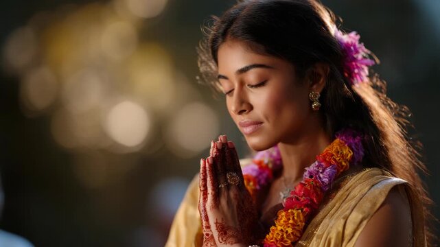 Young woman in prayer with traditional attire and henna designs outdoor