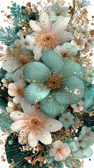 Luxurious Floral Arrangement with Teal, White, and Gold Glitter Flowers and Foliage