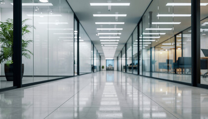 Obraz premium Long, brightly lit modern office corridor with sleek glass partitions and a highly reflective polished floor, creating a sense of professional design and a spacious corporate environment