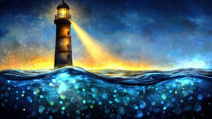 A solitary lighthouse stands tall in the ocean, its beam cutting through the twilight sky. The water below is a vibrant blue, filled with glowing bokeh lights.