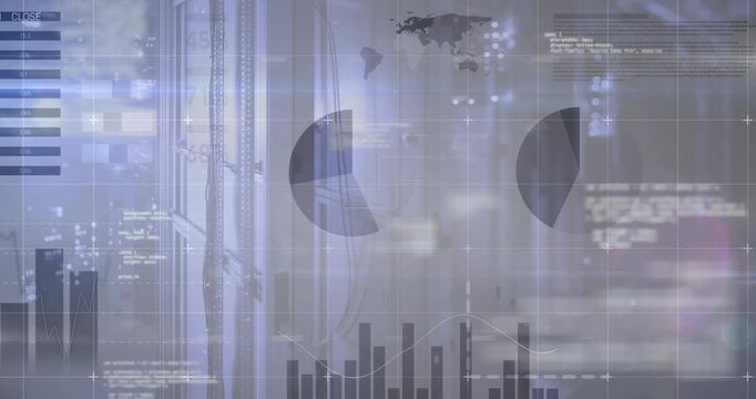 Soft grid appearing, translucent HUD animating pies and bars, text aligning, revealing data