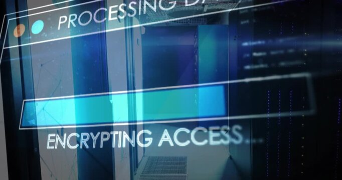 Server corridor showing HUD activating progress filling labels cycling displaying data HUD fading