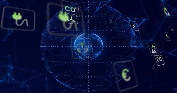 Nuclear icon appearing, blue dotted globe rotating while icon tiles orbiting and visualizing data