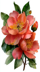 Watercolor Painting of Warm Peach and Orange Camellia Flowers with Green Leaves