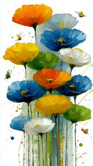 Colorful Abstract Oil Painting of Poppies and Butterflies in Orange, Blue, Yellow, Green