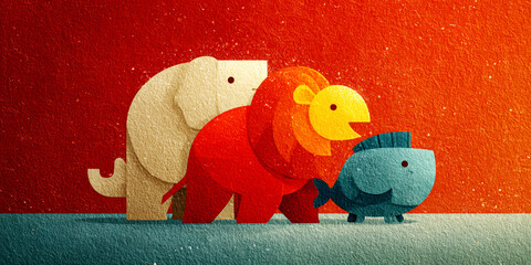 Minimalist Digital Art of Elephant, Lion, and Fish in Red, Yellow, and Blue