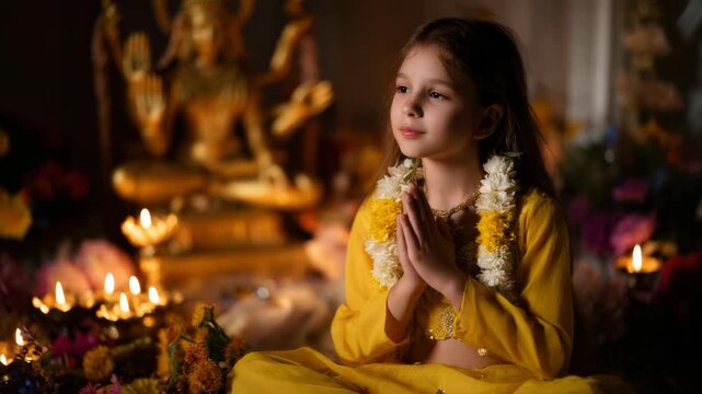 Serene girl in traditional dress praying before golden deity statue