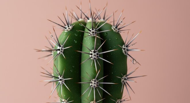 Close-Up of Green Cactus with Sharp Spines and Water Droplets on Pink Background - Powered by Adobe