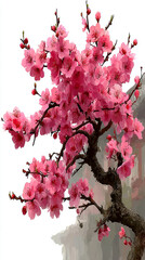 Vibrant Pink Cherry Blossom Tree Branch Blooming Against an Asian Style Building
