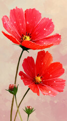 Detailed Painting of Two Bright Red Cosmos Flowers with Water Droplets on Petals