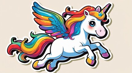 Magical Unicorn Soaring: A vibrant illustration of a majestic unicorn with rainbow-colored mane, wings, and horn takes flight, radiating fantasy and wonder.