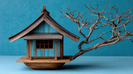 Fototapeta premium Unique wooden temple off beaten path showcases intricate craftsmanship with blue facade and branch extending gracefully