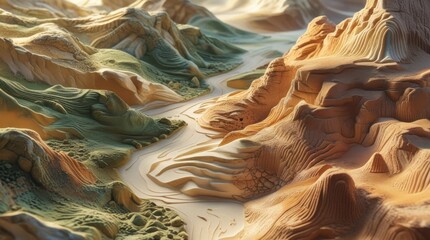 Carved Canyon Landscape: Witness the awe-inspiring beauty of a winding canyon landscape, with layers of eroded sandstone and a meandering river carving through the terrain.