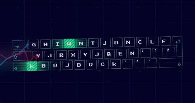 White square blocks dropping, keyboard tiles aligning, neon bands sweeping, emphasizing letters