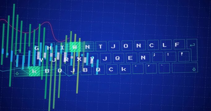 Three white tiles appearing keyboard emerging, bars animating, keys lighting, visualizing data