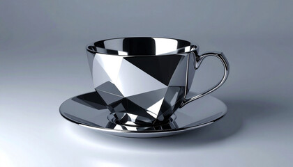 Shiny metallic cubic coffee cup in a modern surreal style. Minimal, futuristic and eye-catching design perfect for branding, advertising and creative digital projects.