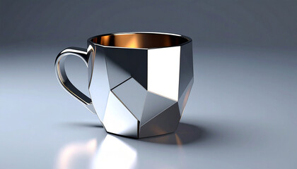 Shiny metallic cubic coffee cup in a modern surreal style. Minimal, futuristic and eye-catching design perfect for branding, advertising and creative digital projects.
