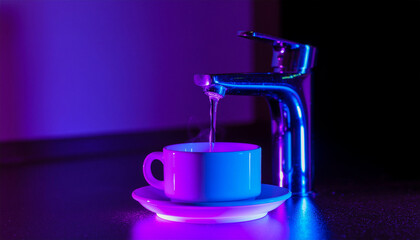 A faucet pouring water into a cup.