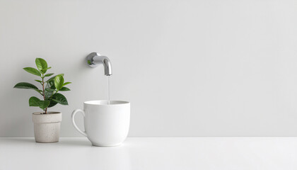 A faucet pouring water into a mug. 