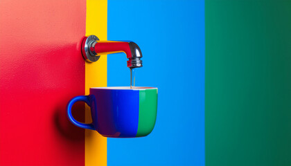 Pop art style wall-mounted faucet pouring coffee into a cup. Bold, colorful and modern surreal design perfect for ads, café branding and creative digital projects.