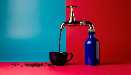 Surreal faucet attached to a blue bottle, pouring coffee into a cup. Minimal, eye-catching concept ideal for advertising, café branding and creative digital projects.