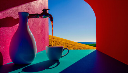 Pop art style wall-mounted faucet pouring coffee into a cup. Bold, colorful and modern surreal design perfect for ads, café branding and creative digital projects.