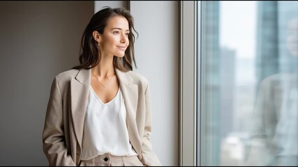 Confident woman in a professional outfit smiling by the window, showcasing modern workplace and success.