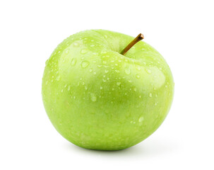 Fresh green apple with water droplets isolated on white.
