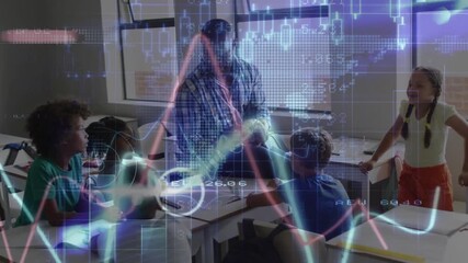 Teacher leaning forward and gesturing in class, causing data graphs rippling and engaging students