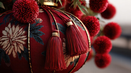 Fototapeta premium Handcrafted new year lantern features intricate floral patterns and vibrant red tassels, symbolizing joy and celebration during festivities