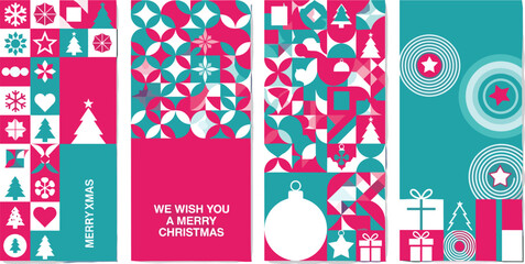 Modern Christmas and holiday greeting card banners set featuring an abstract geometric mosaic pattern in vibrant pink, teal, and white, ideal for contemporary festive designs and seasonal celebrations
