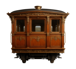 Ornate vintage steam train carriage featuring intricate detailing and wooden panels.