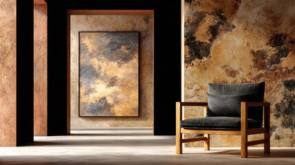 Serene solo art therapy session unfolds in beautifully designed room featuring textured walls and stylish chair