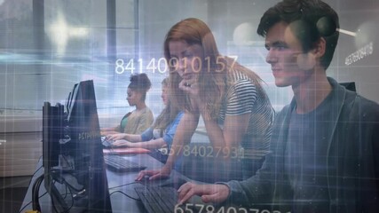 Peer tutor in computer lab tapping keyboard and causing data overlay across monitors guiding man - Powered by Adobe