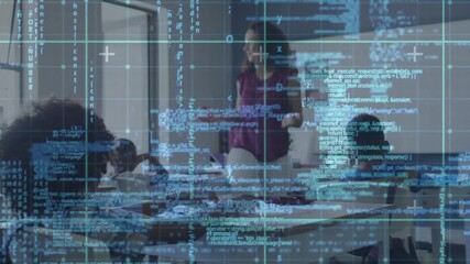 Teacher rising and gesturing, teaching students raising hands while blue code overlay scrolling - Powered by Adobe