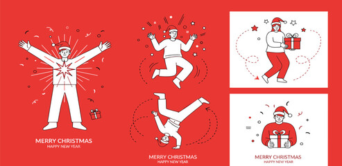 Vibrant Holiday Collection Featuring Joyful People Celebrating Christmas and New Year with Gifts, Confetti, and Energetic Poses, Perfect for Festive Seasonal Designs