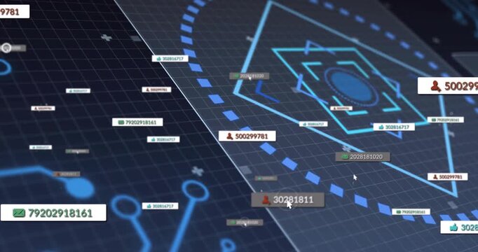 Central cyan hexagon showing labels entering left, cursor pausing selecting 500299781 for tracking
