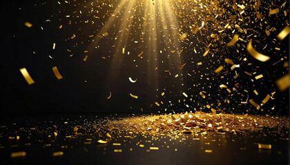 金の紙吹雪。光。背景黒。遠近感。立体感。Gold confetti. Light. Black background. Perspective. Three-dimensional effect.